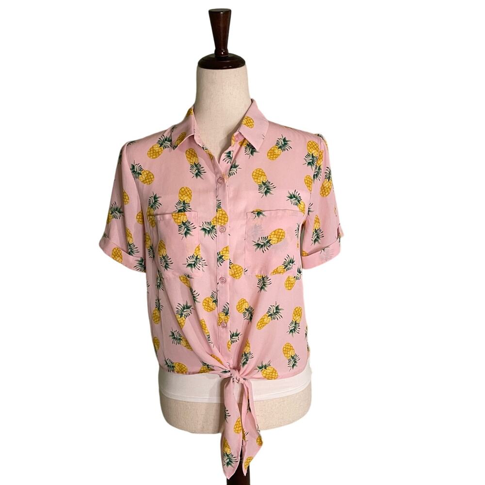 Lily White Women's Pineapple Fruit Print Tie Front Crop Top Small Pink Yellow